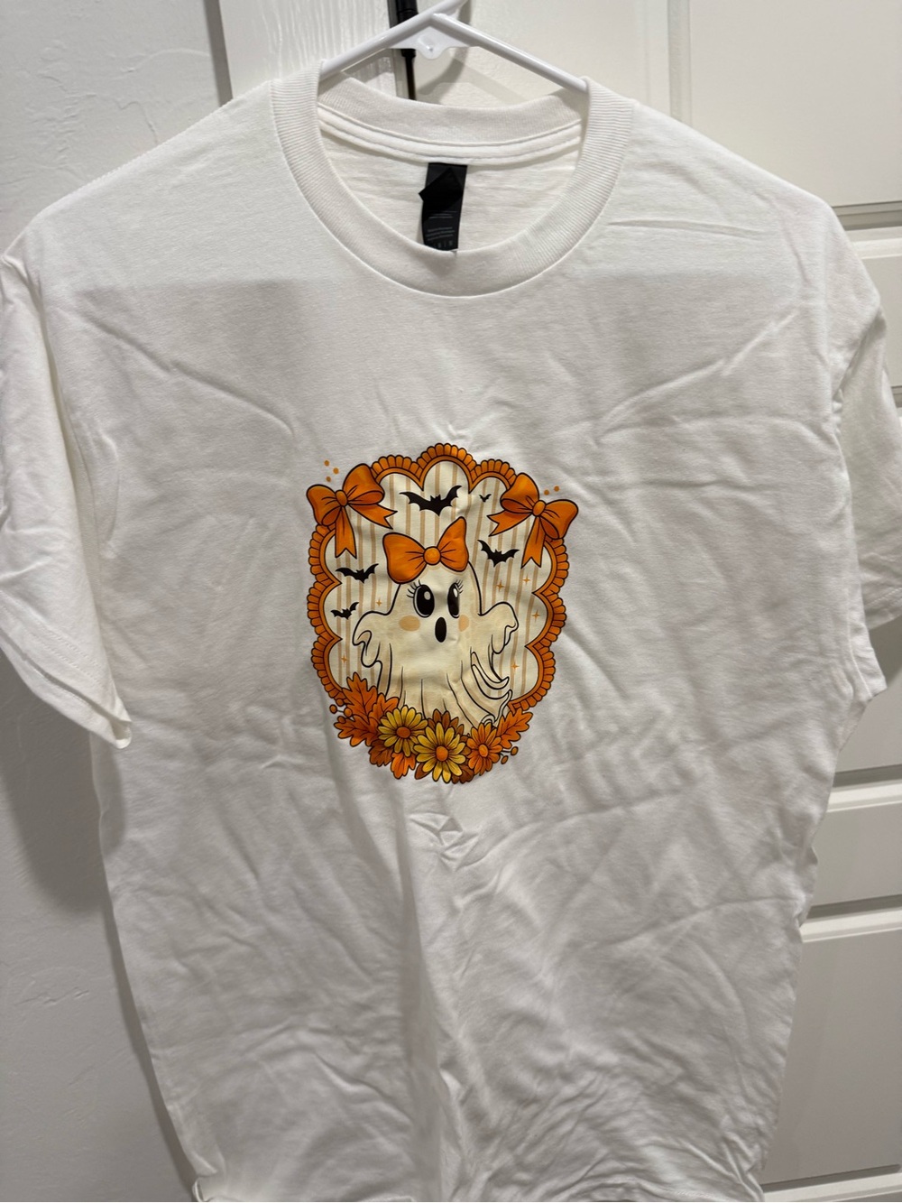 Gildan White Tee with Orange Bow Ghost Graphic NEW